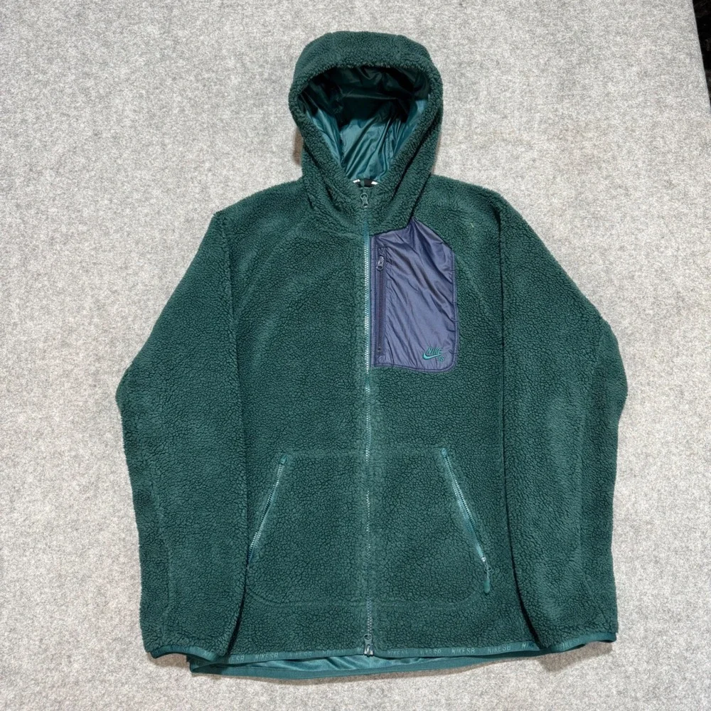 Nike SB Mens Sherpa Fleece Full Zip Hoodie Green Jacket AJ9734-323 Medium